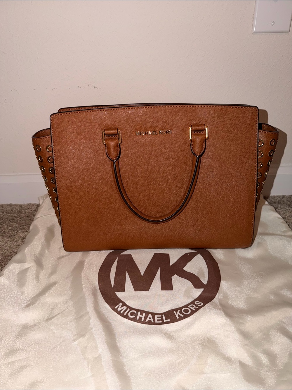 Michael Kors Brown Saffiano Leather Studded Tote